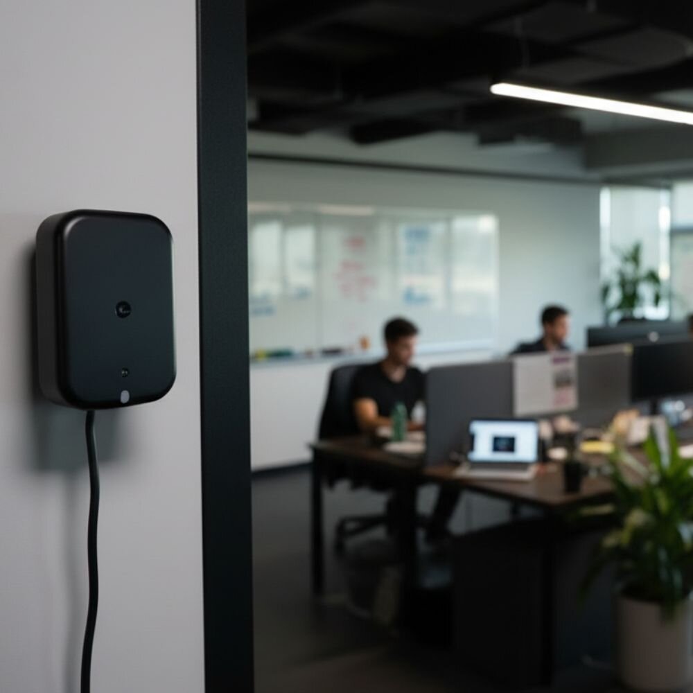 Détecteur de présence radar Shelly Presence Gen4 noir fixé au mur à l'entrée d'un open space où deux personnes travaillent assises