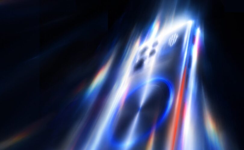 Visuel teaser officiel du RedMagic 12 Pro : dos du smartphone gamer avec module photo, logo RedMagic et cercle lumineux du système de refroidissement, dans un halo de lumière bleue
