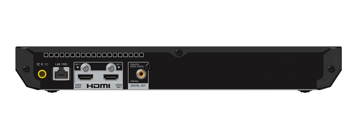 Face arrière du lecteur Blu-ray 4K Sony UBP-X700 : deux sorties HDMI, sortie numérique coaxiale, port Ethernet et entrée d'alimentation