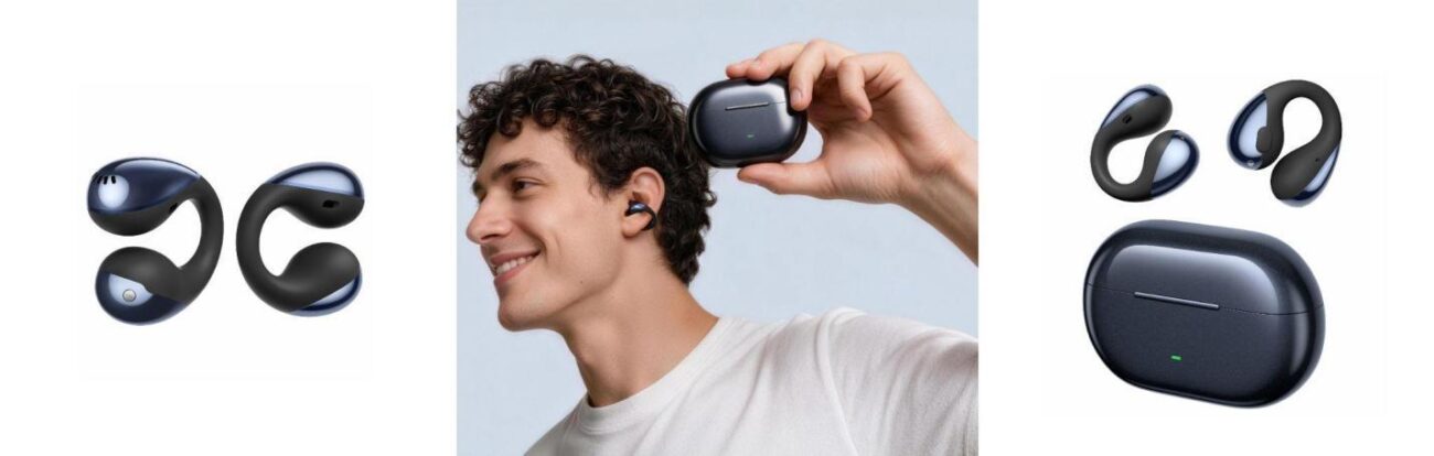 Écouteurs ouverts à clip Soundpeats CC3 Pro noirs, portés à l'oreille et posés à côté de leur boîtier à recharge sans fil