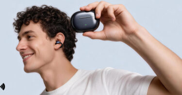 Homme portant un écouteur ouvert à clip Soundpeats CC3 Pro et tenant son boîtier de charge, visuel officiel Soundpeats