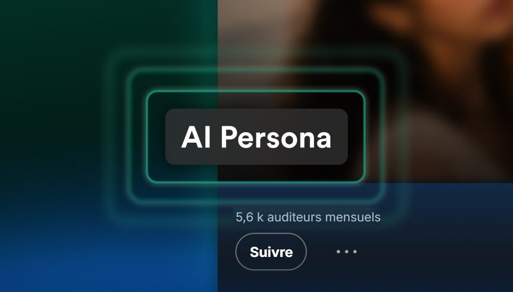 Profil d'artiste Spotify affichant le badge AI Persona au-dessus du nombre d'auditeurs mensuels et du bouton Suivre, interface traduite en français