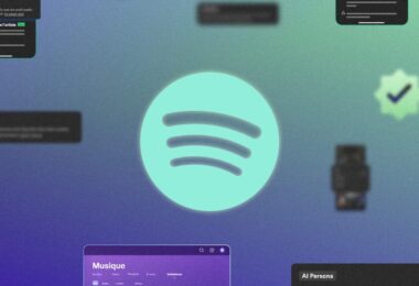 Logo Spotify entouré d'écrans de l'application : badge AI Persona, badge de vérification des artistes et outil de validation des sorties, interface traduite en français