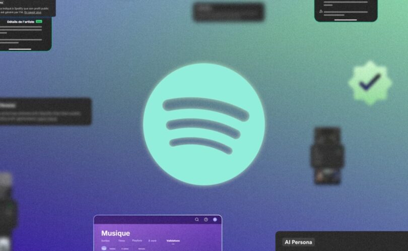 Logo Spotify entouré d'écrans de l'application : badge AI Persona, badge de vérification des artistes et outil de validation des sorties, interface traduite en français