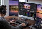 Bureau équipé de la station d'accueil Ugreen Revodok Pro 14 en 1 reliant un portable Windows à trois moniteurs 4K, un écran vertical et deux écrans horizontaux, pour le montage vidéo
