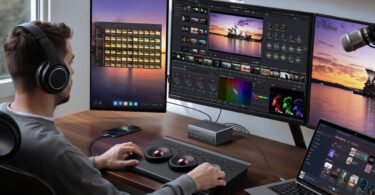 Bureau équipé de la station d'accueil Ugreen Revodok Pro 14 en 1 reliant un portable Windows à trois moniteurs 4K, un écran vertical et deux écrans horizontaux, pour le montage vidéo