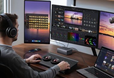 Bureau équipé de la station d'accueil Ugreen Revodok Pro 14 en 1 reliant un portable Windows à trois moniteurs 4K, un écran vertical et deux écrans horizontaux, pour le montage vidéo