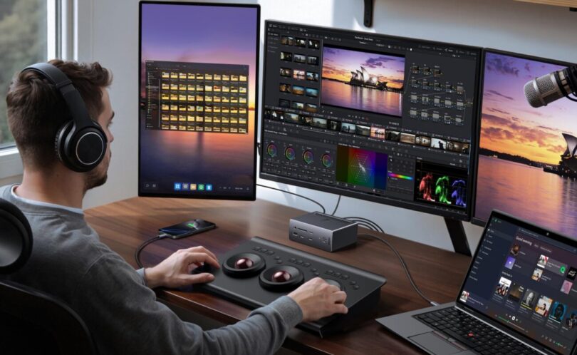 Bureau équipé de la station d'accueil Ugreen Revodok Pro 14 en 1 reliant un portable Windows à trois moniteurs 4K, un écran vertical et deux écrans horizontaux, pour le montage vidéo