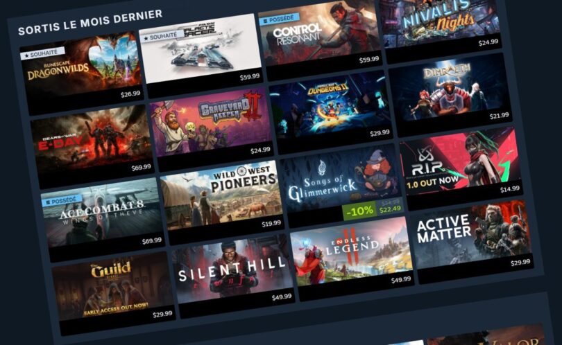 Grille de jeux Steam sortis le mois dernier recommandés selon le profil du joueur, avec les mentions Souhaité et Possédé, illustrant le calendrier personnel de la boutique Steam