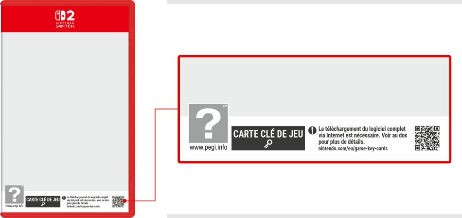 Schéma officiel Nintendo d'une boîte de jeu Switch 2 avec la mention Carte clé de jeu et l'avertissement sur le téléchargement complet via Internet