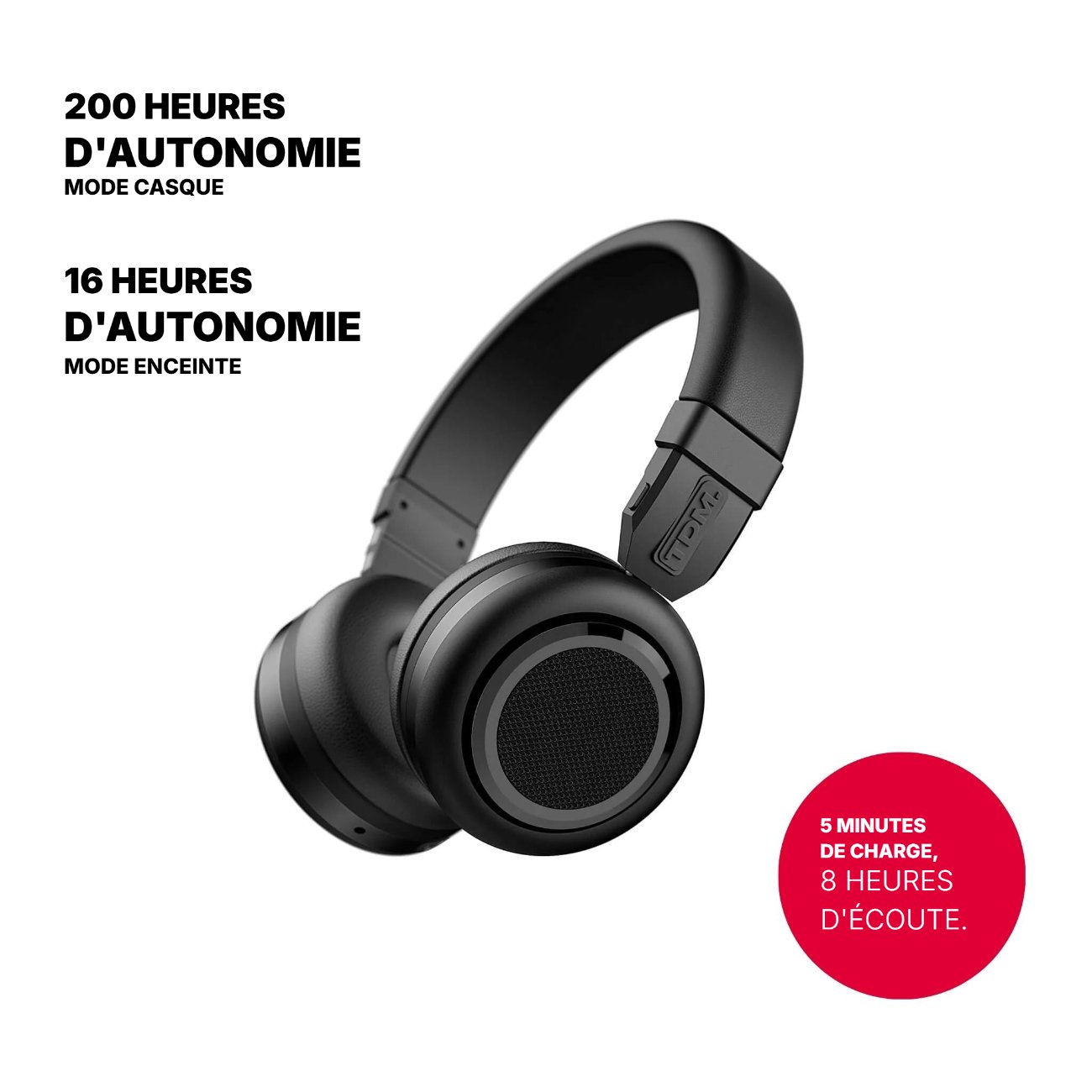 Visuel officiel traduit du casque TDM Neo noir indiquant 200 heures d'autonomie en mode casque, 16 heures en mode enceinte et 8 heures d'écoute pour 5 minutes de charge