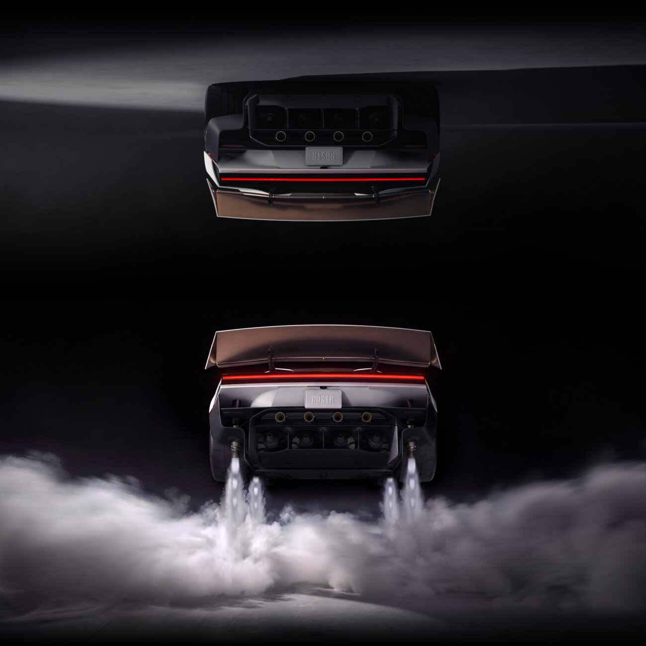 Deux vues arrière officielles du Tesla Roadster, dont une avec les propulseurs à gaz froid qui projettent leur jet vers le sol dans un nuage de vapeur