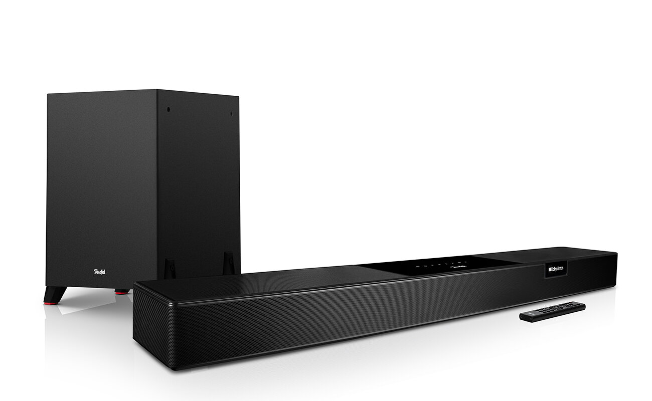 Pack Teufel Cinebar Pro 2 for Dolby Atmos Select : barre de son noire, caisson de basses sans fil T 8 et télécommande