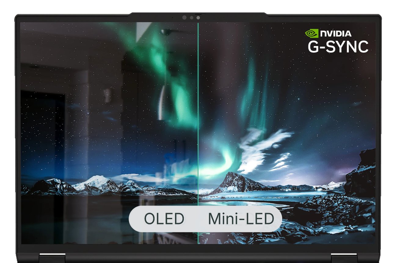 Écran du Tuxedo Stellaris 16 Gen 8 coupé en deux pour comparer le rendu OLED à gauche et Mini-LED à droite sur une image d'aurore boréale, logo Nvidia G-Sync en haut à droite