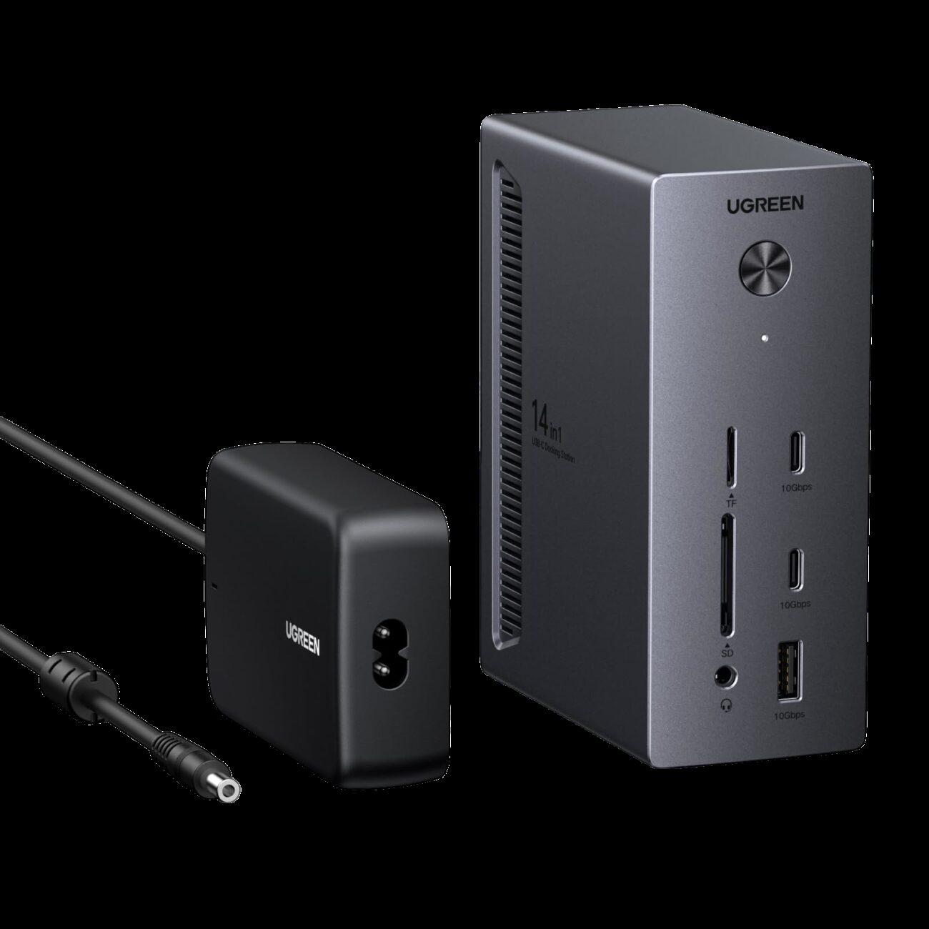 Station d'accueil Ugreen Revodok Pro 14 en 1 posée verticalement avec son adaptateur secteur GaN de 140 W, façade avec lecteurs SD et microSD, USB-C et USB-A