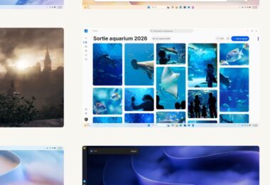 Visuel officiel Microsoft de Windows 11 26H2 avec la nouvelle application Photos et sa galerie, illustrant les gains de réactivité et de gestion de la mémoire vive sur les PC à 8 Go de RAM