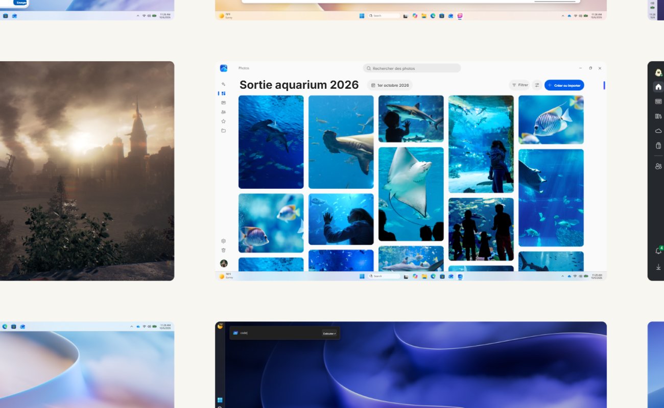 Visuel officiel Microsoft de Windows 11 26H2 avec la nouvelle application Photos et sa galerie, illustrant les gains de réactivité et de gestion de la mémoire vive sur les PC à 8 Go de RAM