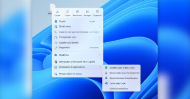 Nouveau menu du clic droit de Windows 11 traduit en français, avec actions Couper, Copier, Renommer, Partager, Supprimer en ligne et sous-menu Extensions d'applications