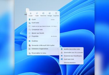 Nouveau menu du clic droit de Windows 11 traduit en français, avec actions Couper, Copier, Renommer, Partager, Supprimer en ligne et sous-menu Extensions d'applications