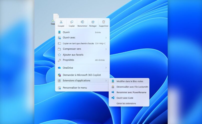 Nouveau menu du clic droit de Windows 11 traduit en français, avec actions Couper, Copier, Renommer, Partager, Supprimer en ligne et sous-menu Extensions d'applications