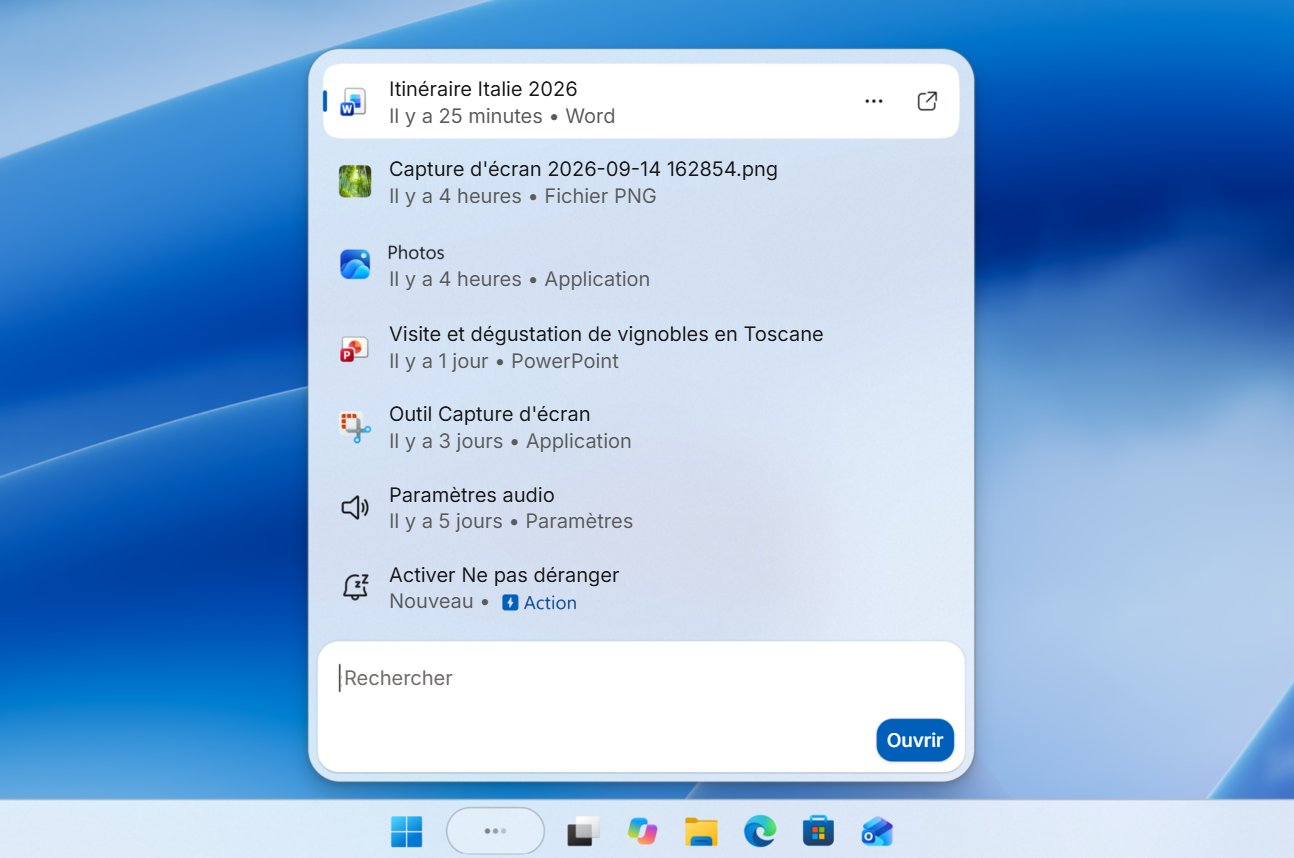 Nouvelle recherche de la barre des tâches de Windows 11 reconstruite en WinUI 3 : résultats récents en liste unique et action rapide Activer Ne pas déranger