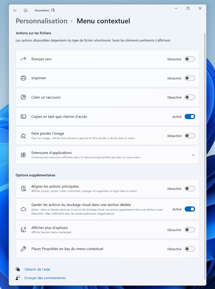Page Paramètres Personnalisation, Menu contextuel de Windows 11 traduite en français, avec les options Envoyer vers, Imprimer, Créer un raccourci, Copier en tant que chemin d'accès et Afficher plus d'options