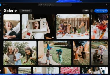 Nouvelle application Photos de Windows 11 avec sa galerie unique réunissant les photos du PC, de OneDrive et d'iCloud, interface traduite en français