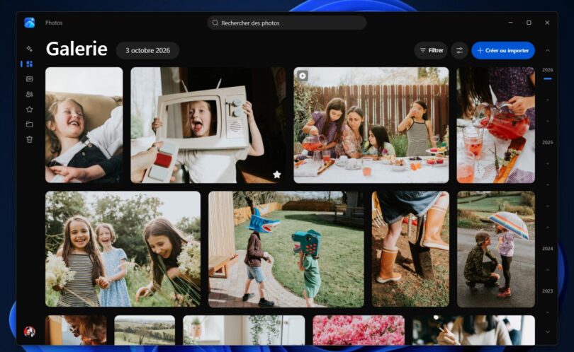 Nouvelle application Photos de Windows 11 avec sa galerie unique réunissant les photos du PC, de OneDrive et d'iCloud, interface traduite en français