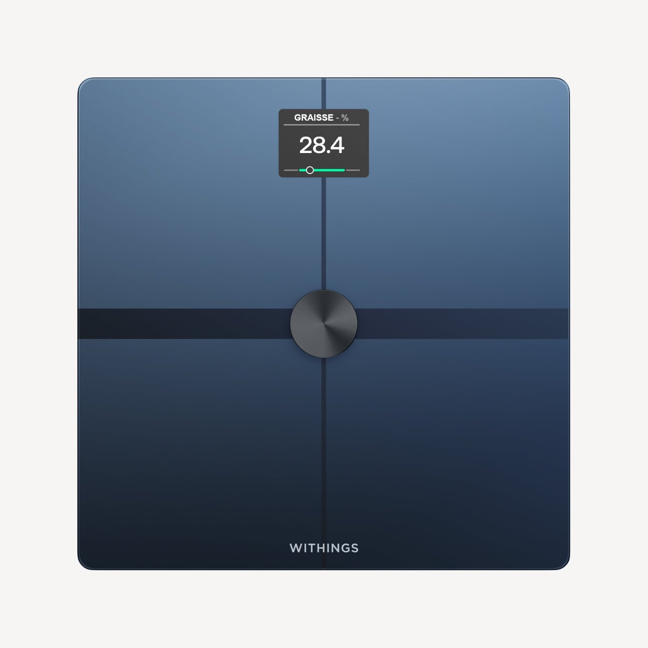 Balance connectée Withings Body Smart noire vue de dessus, écran affichant un taux de masse grasse de 28,4 %