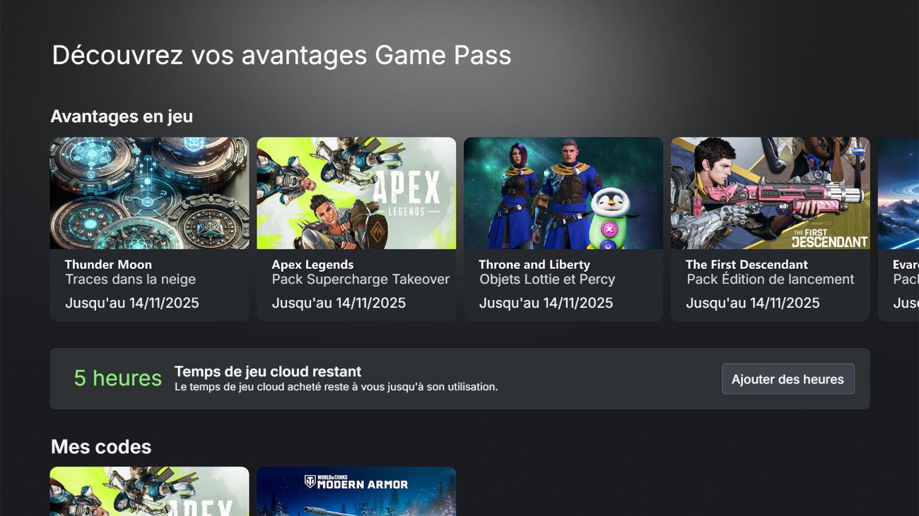 Interface Xbox traduite en français affichant les avantages Game Pass et un compteur de 5 heures de temps de jeu cloud restant, avec un bouton pour ajouter des heures