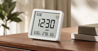 Le Xiaomi Smart Temperature and Humidity Monitor 3 Pro posé sur un meuble en bois, écran LCD affichant l'heure, le taux de CO2 en ppm, la température et l'humidité