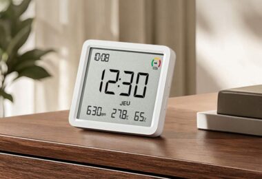 Le Xiaomi Smart Temperature and Humidity Monitor 3 Pro posé sur un meuble en bois, écran LCD affichant l'heure, le taux de CO2 en ppm, la température et l'humidité