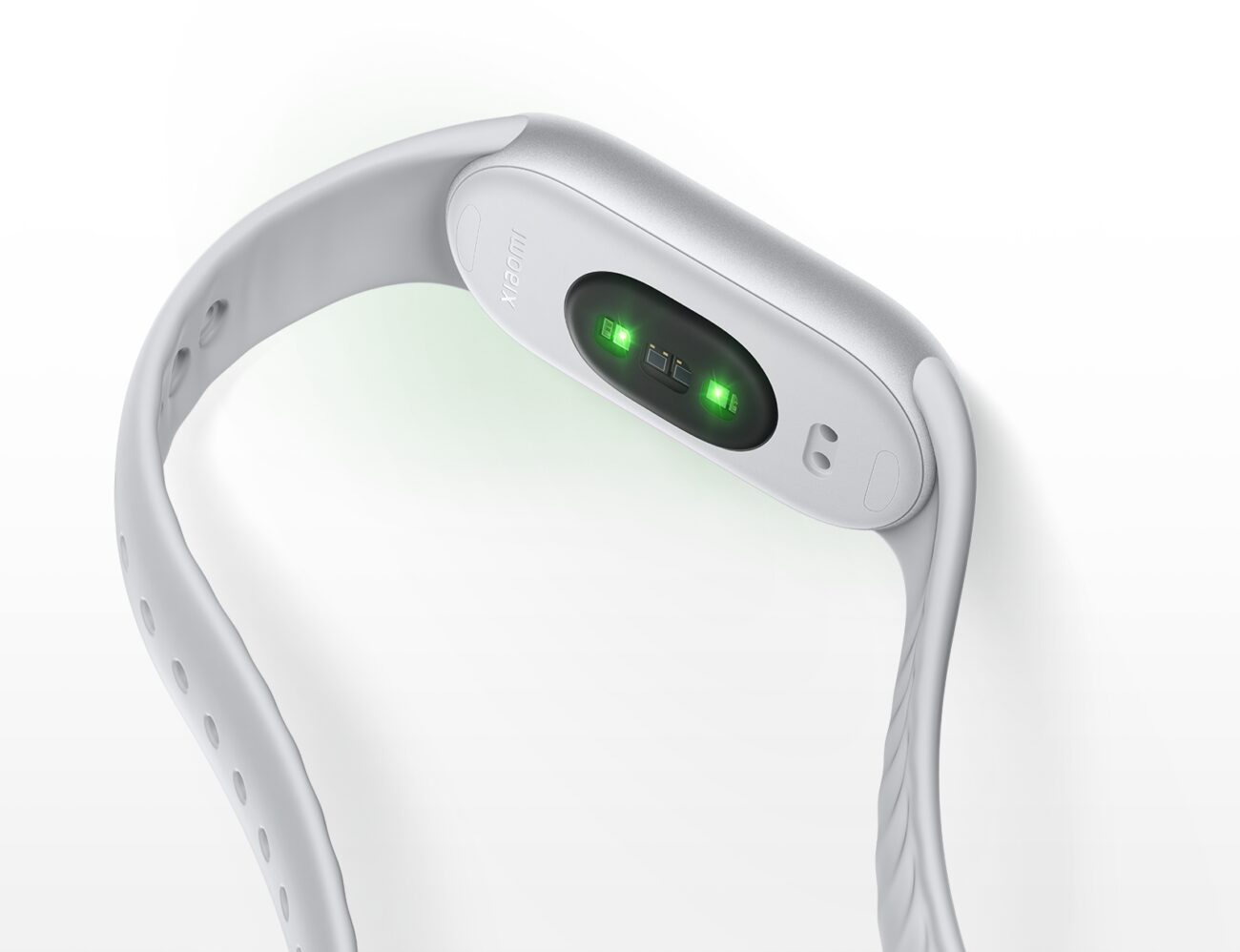 Dos du Xiaomi Smart Band 11 argent glacier avec le capteur optique de fréquence cardiaque à deux LED vertes et deux photodiodes